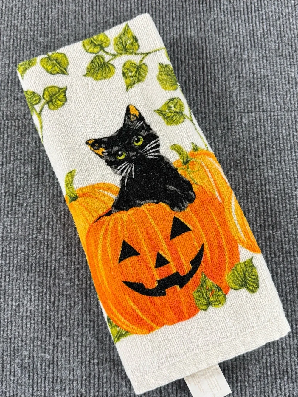 Celebrate Halloween Together Black Cat Pumpkin Hand Towel Orange Witchy Decor